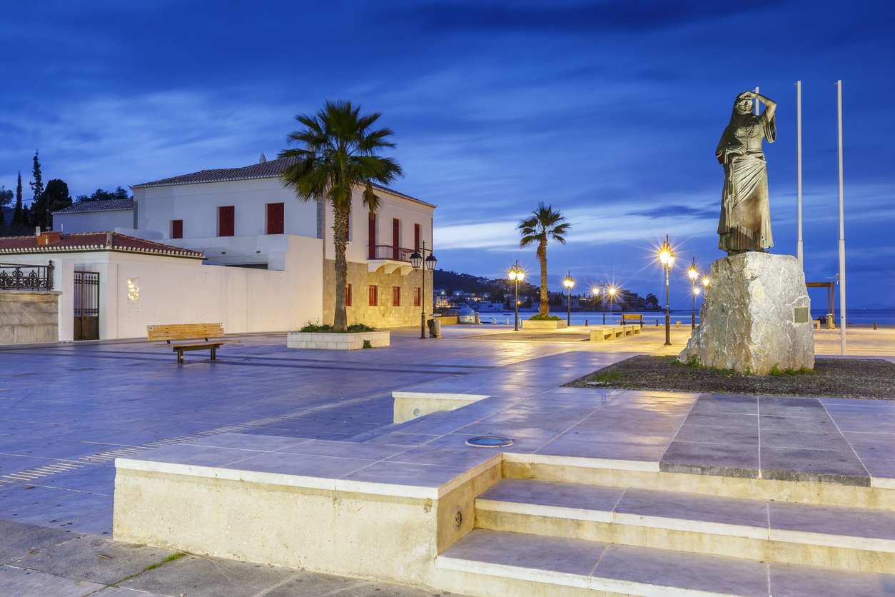Spetses, Greece - January 20, 2018: Monument in a square on the seaside of Spetses island, Greece.