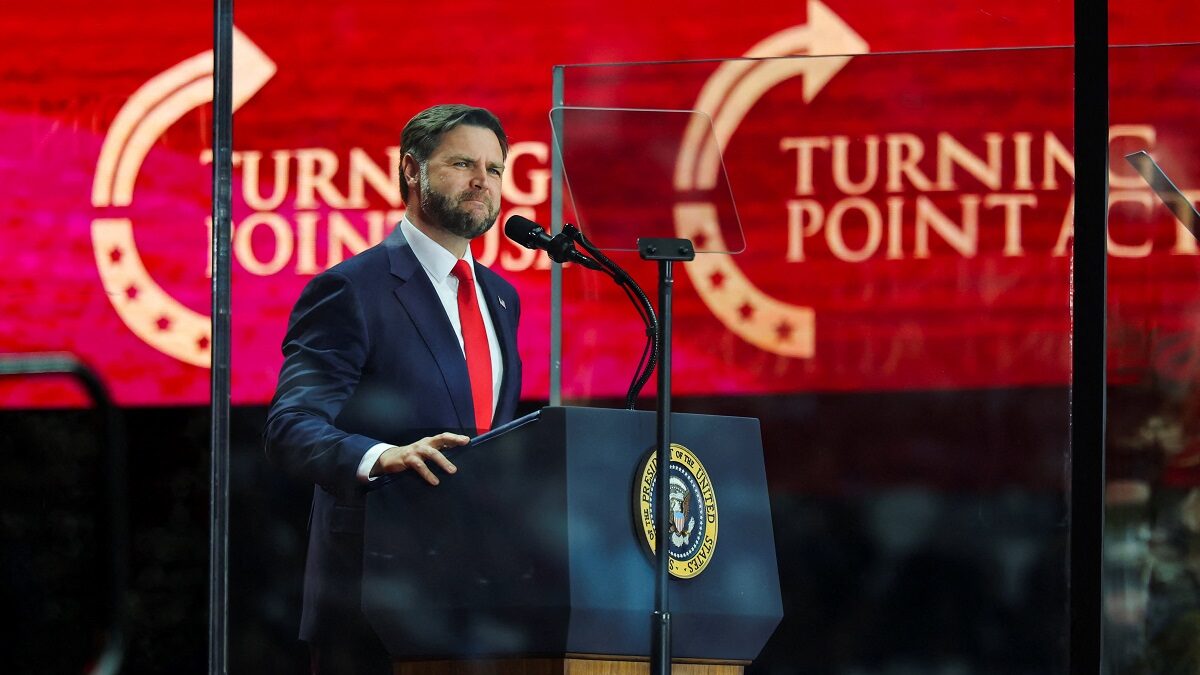 U.S. Vice President JD Vance speaks during a memorial service for slain conservative commentator Charlie Kirk at State Farm Stadium, in Glendale, Arizona, U.S., September 21, 2025.  REUTERS
