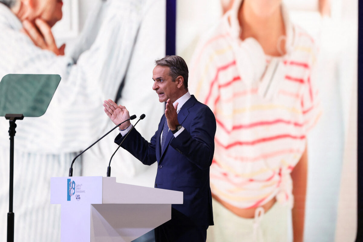 Greek Prime Minister Kyriakos Mitsotakis delivers an annual economic policy speech, at the International Fair of Thessaloniki, in Thessaloniki, Greece, September 6, 2025. REUTERS