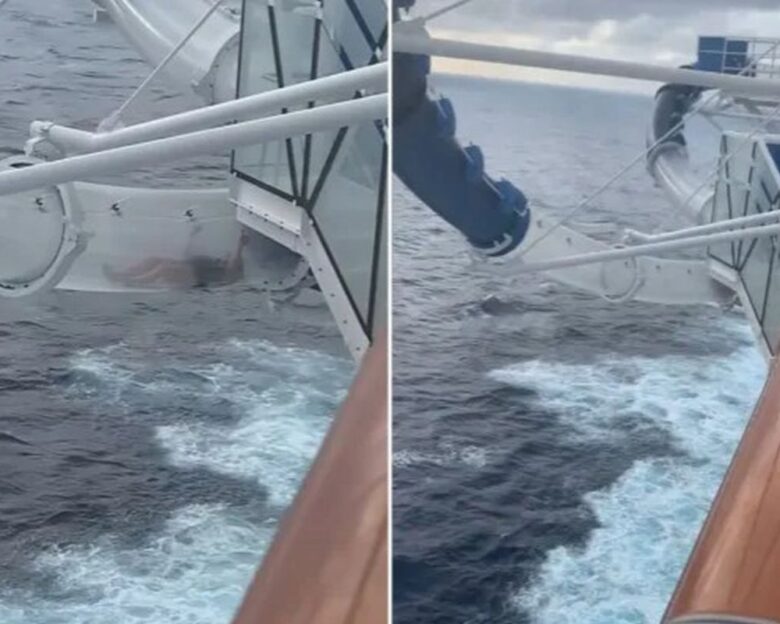 Επιβάτιδα κρουαζιερόπλοιου κόλλησε σε γυάλινη νεροτσουλήθρα πάνω από τον ωκεανό εν μέσω τυφώνα – Viral το βίντεο