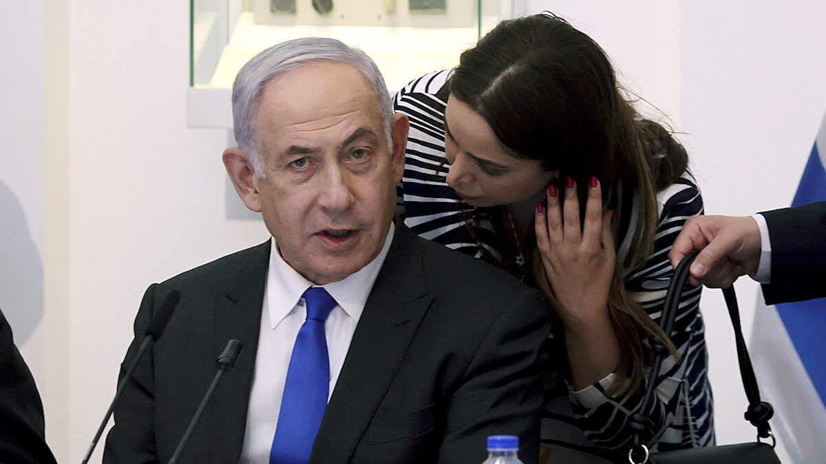 Israeli Minister for Social Equality May Golan speaks with Israeli Prime Minister Benjamin Netanyahu during a Cabinet meeting at the Bible Lands Museum in Jerusalem on Wednesday, June 5, 2024. (Gil Cohen-Magen
