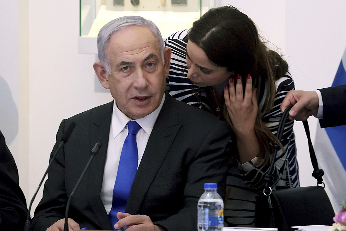 Israeli Minister for Social Equality May Golan speaks with Israeli Prime Minister Benjamin Netanyahu during a Cabinet meeting at the Bible Lands Museum in Jerusalem on Wednesday, June 5, 2024. (Gil Cohen-Magen