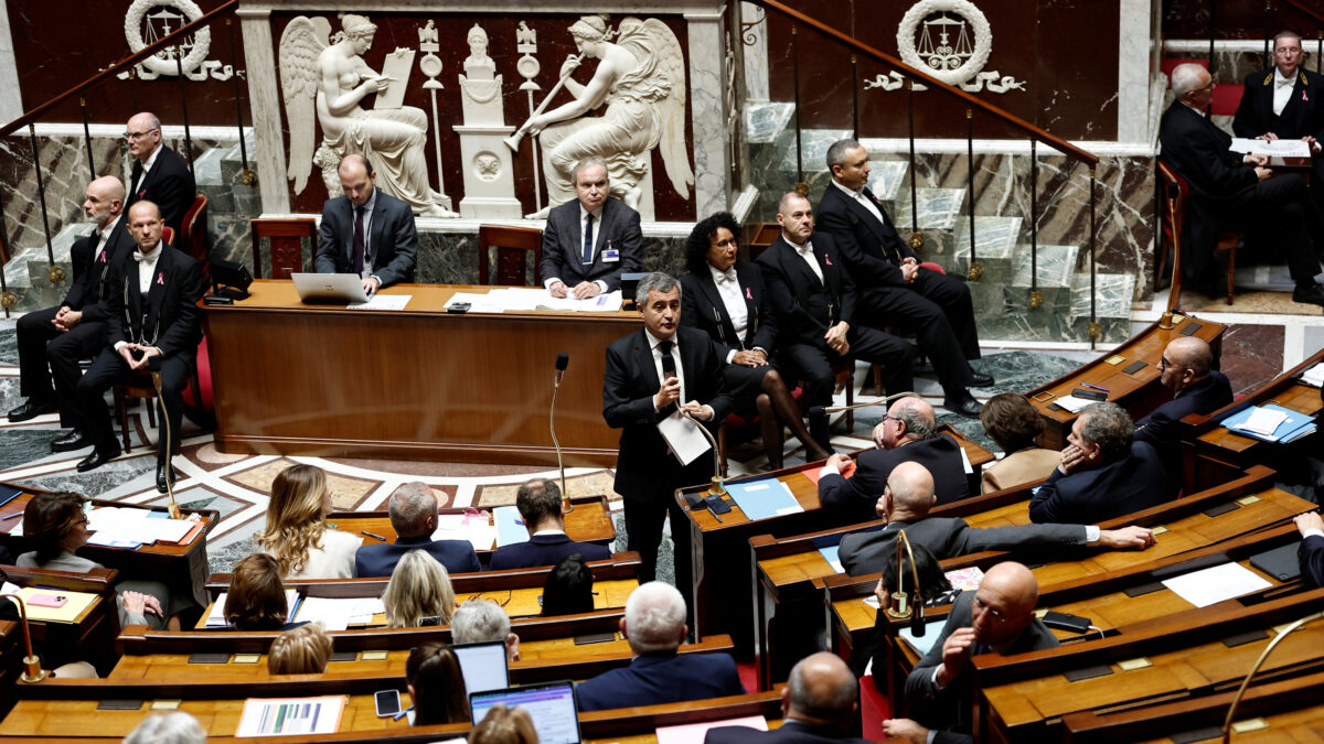 French Justice Minister Gerald Darmanin speaks during the questions to the government session at the National Assembly in Paris, France