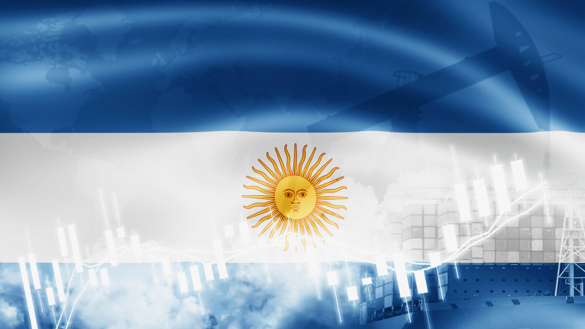 Argentina flag, stock market, exchange economy and Trade, oil production, container ship in export and import business and logistics.