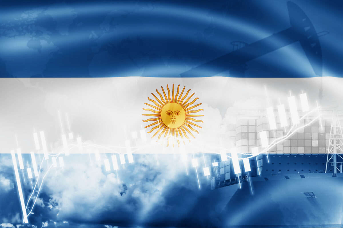 Argentina flag, stock market, exchange economy and Trade, oil production, container ship in export and import business and logistics.