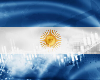 Argentina flag, stock market, exchange economy and Trade, oil production, container ship in export and import business and logistics.