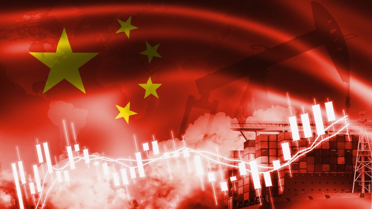 Peoples Republic of China flag, stock market, exchange economy and Trade, oil production, container ship in export and import business and logistics.