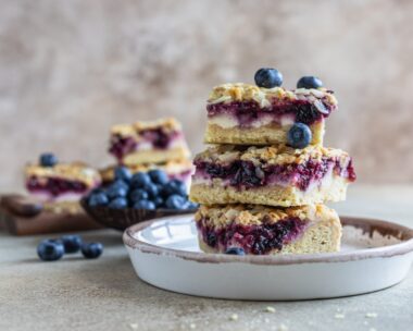 Crumble cheesecake bars with blueberry filling and fresh blueberries, concrete background. Bar slices with cheesecake, blueberry and streusel. Selective focus.
