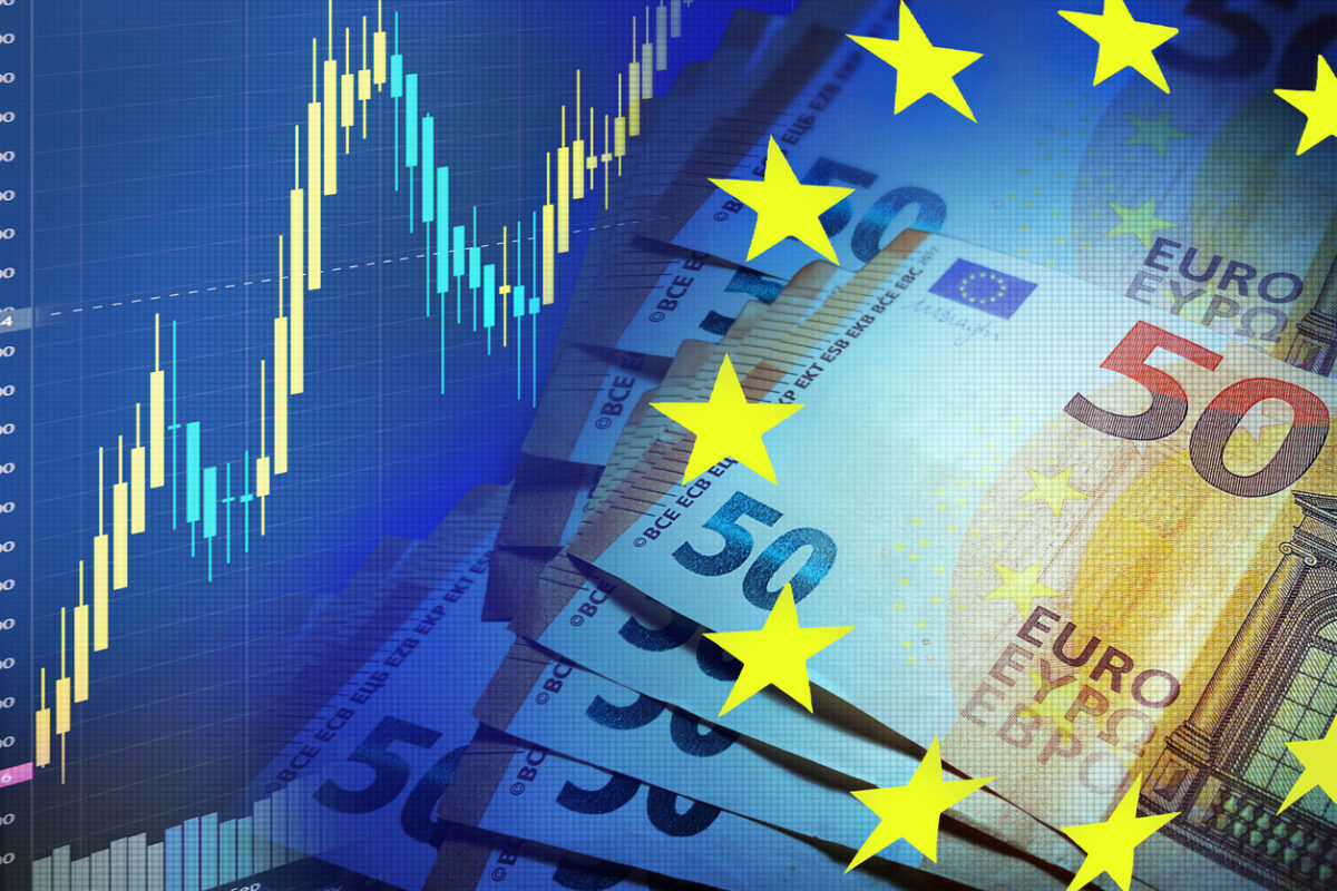 European currency Euro. Stock market. Currency market. European flag. Stock market chart. EEC. 50 euros. Value of money.