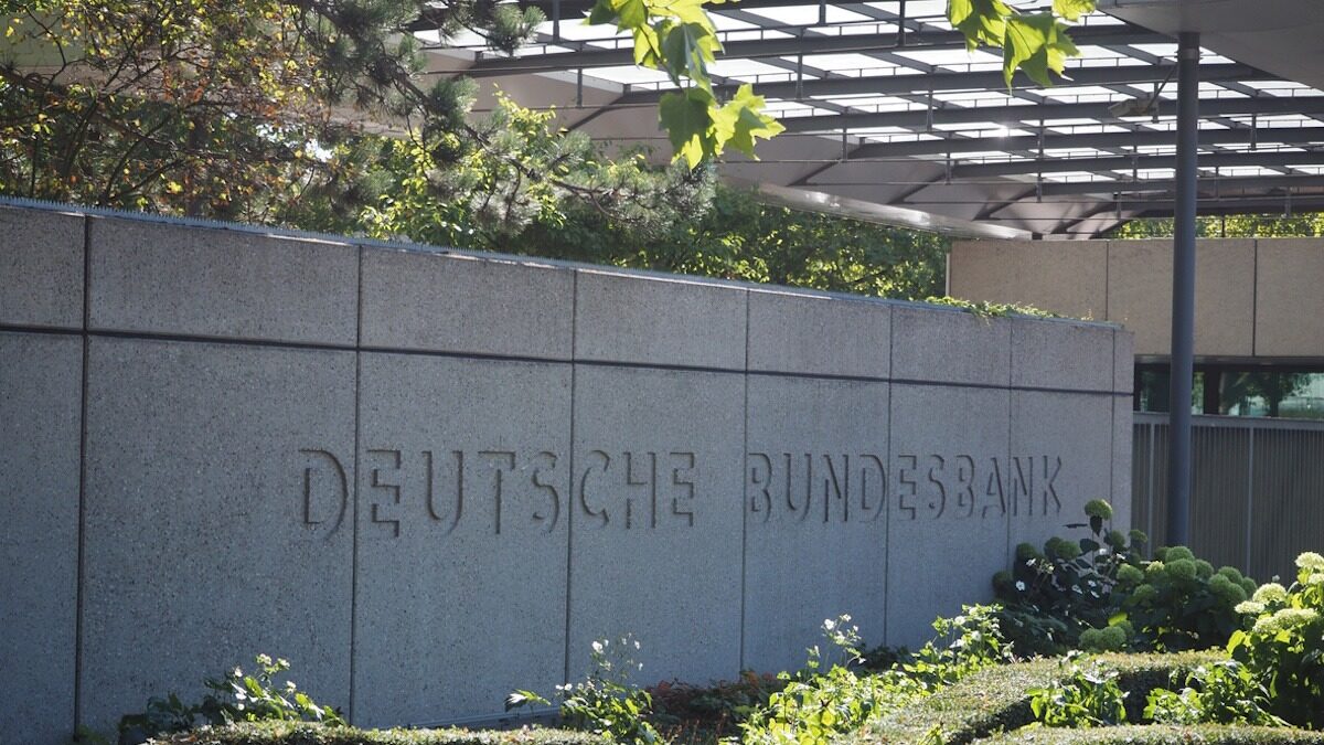 Deutsche Bundesbank (German Central Bank) logo sign headquarters in Frankfurt Germany.
