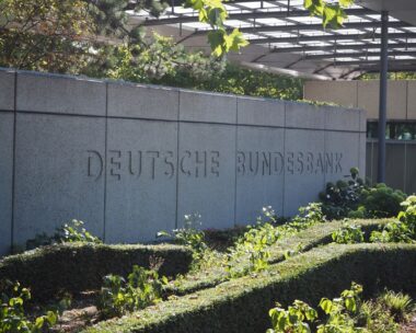 Deutsche Bundesbank (German Central Bank) logo sign headquarters in Frankfurt Germany.