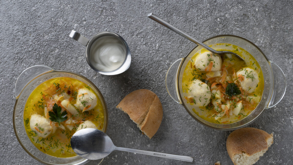 Soup with meatballs and herbs, lunch menu, healthy food