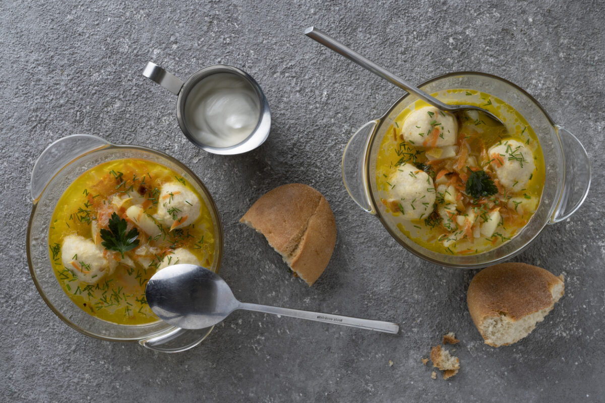 Soup with meatballs and herbs, lunch menu, healthy food