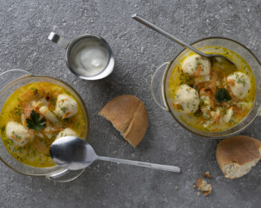 Soup with meatballs and herbs, lunch menu, healthy food