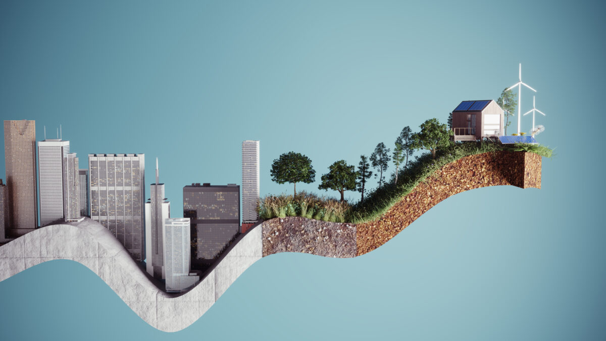 Sustainable growing curve graph made of concrete city with skyscrapers transforming to sustainable green city. (3d render)