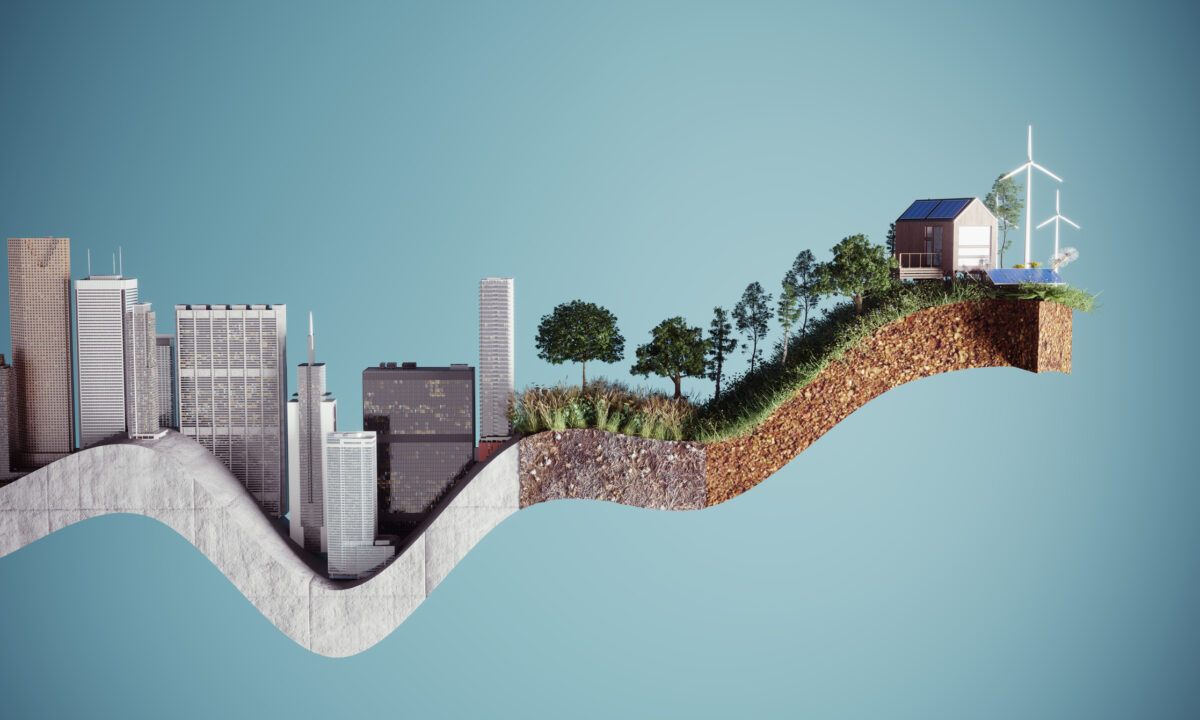 Sustainable growing curve graph made of concrete city with skyscrapers transforming to sustainable green city. (3d render)