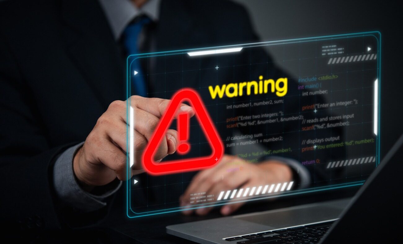 Cybersecurity coding warning concept. businessman pointing screen red alert sign, cyber threats, hacking risks, and system vulnerability. Digital security breach warning with a futuristic online threats.