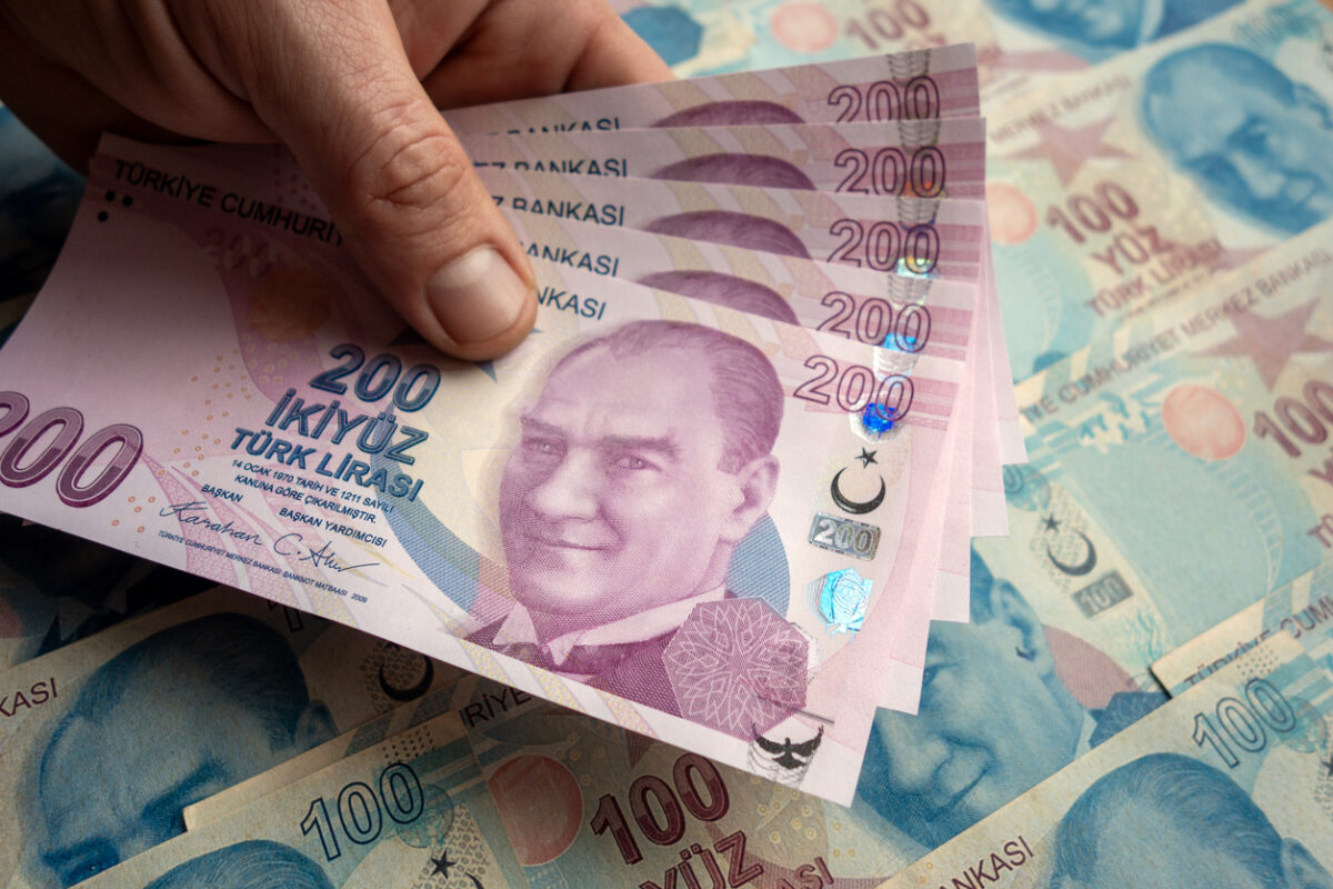 Background of Turkish Lira banknotes. 200 Turkish lira and coins
