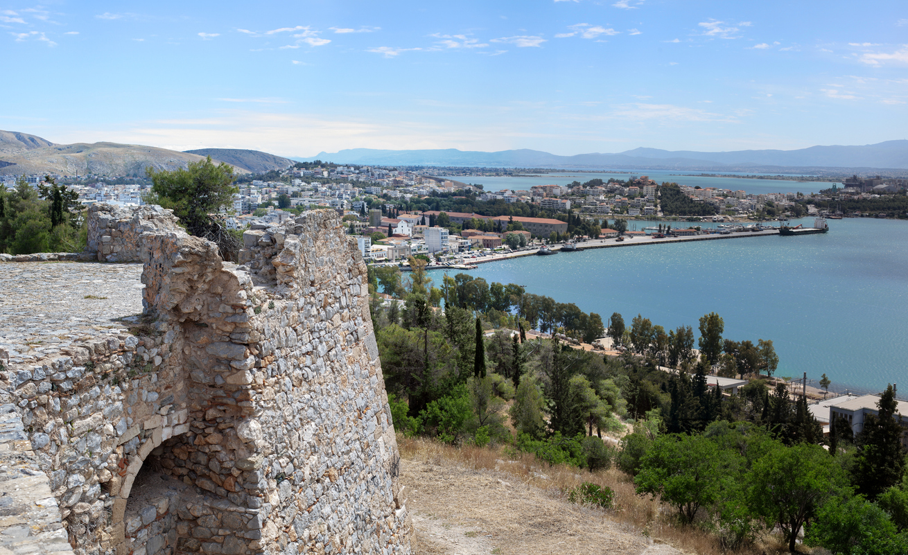 View of the seaside town of Chalcis, Greece (Gulf of Euboea). An Ottoman castle of the 17th century, the Karababa Fortress, is built on the continental coast of the city of Chalcis.