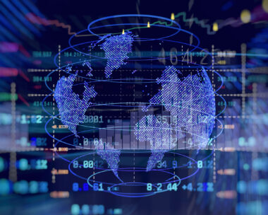 High-tech abstract background global financial market interface with world map and digital candlestick chart overlay. Concept for international economics, blockchain and cryptocurrency trading
