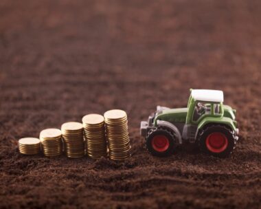 Tractor miniature with coins on fertile soil land