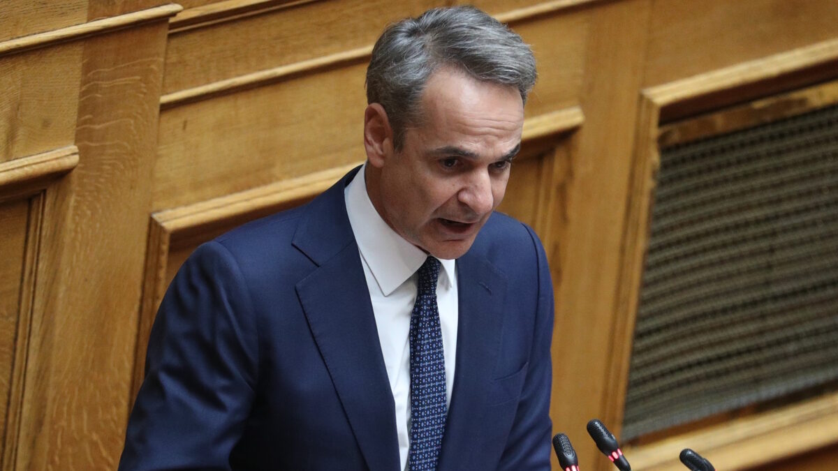 Ο πρωθυπουργός, Κυριάκος Μητσοτάκης στο βήμα της Βουλής στη συζήτηση σε επίπεδο αρχηγών για τα εθνικά θέματα