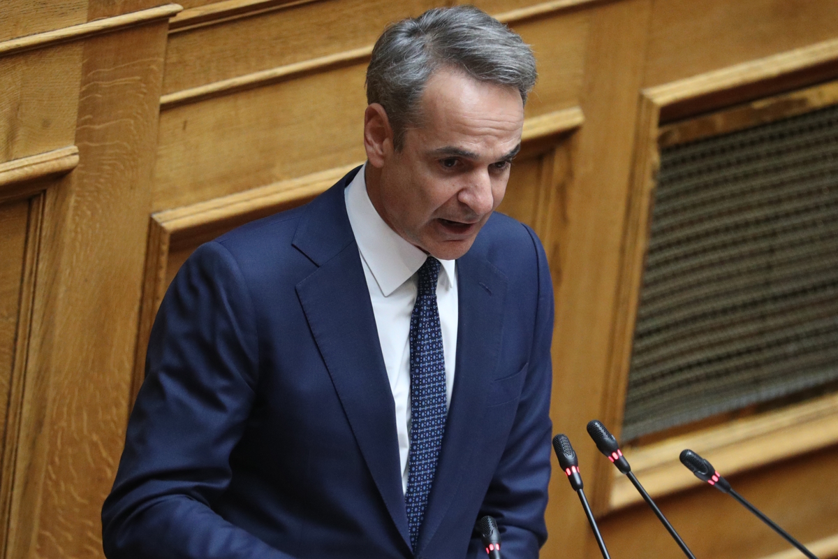 Ο πρωθυπουργός, Κυριάκος Μητσοτάκης στο βήμα της Βουλής στη συζήτηση σε επίπεδο αρχηγών για τα εθνικά θέματα
