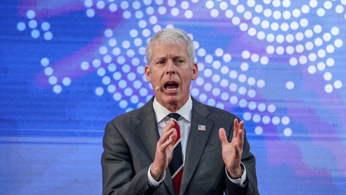 U.S. Energy Secretary Chris Wright delivers a speech during a Partnership for Transatlantic Energy Cooperation (P-TEC) meeting in Athens