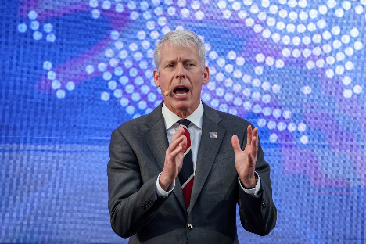 U.S. Energy Secretary Chris Wright delivers a speech during a Partnership for Transatlantic Energy Cooperation (P-TEC) meeting in Athens