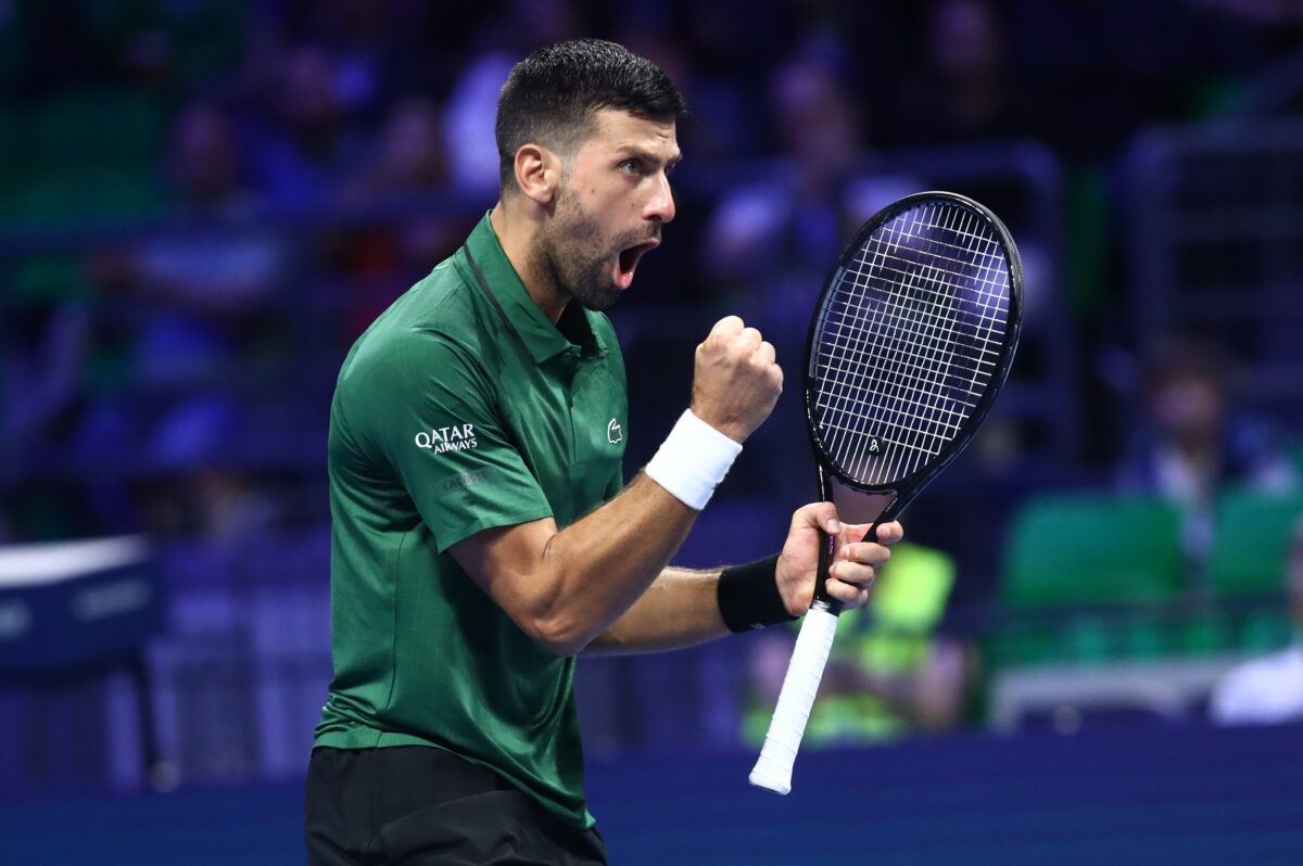 Ο Τζόκοβιτς πανηγυρίζει κόντρα στον Χάνφμαν (ΜΑΡΚΟΣ ΧΟΥΖΟΥΡΗΣ