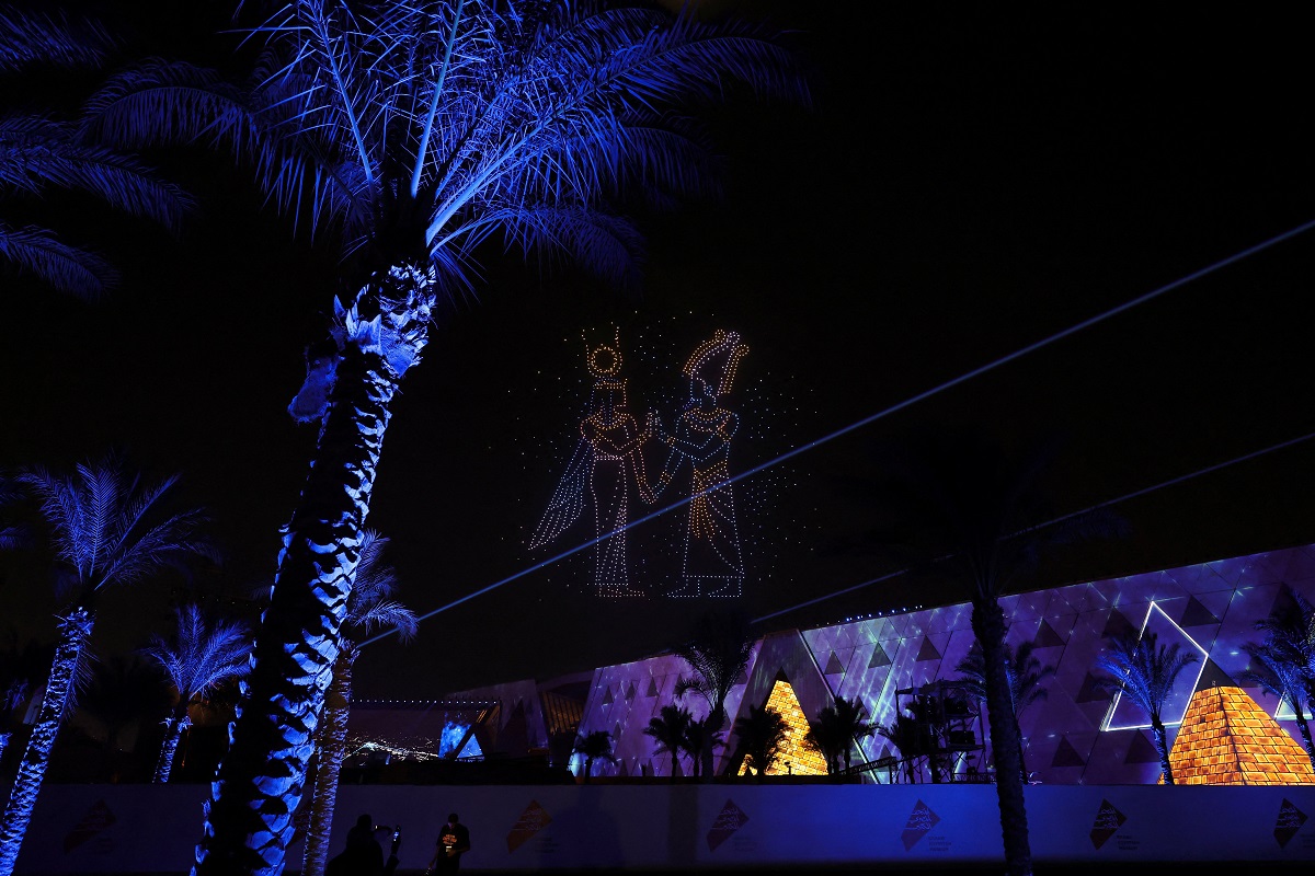 A drone light show takes place during the opening ceremony of the Grand Egyptian Museum (GEM), near the Giza pyramid complex, in Giza, Egypt, November 1, 2025. REUTERS/Mohamed Abd El Ghany