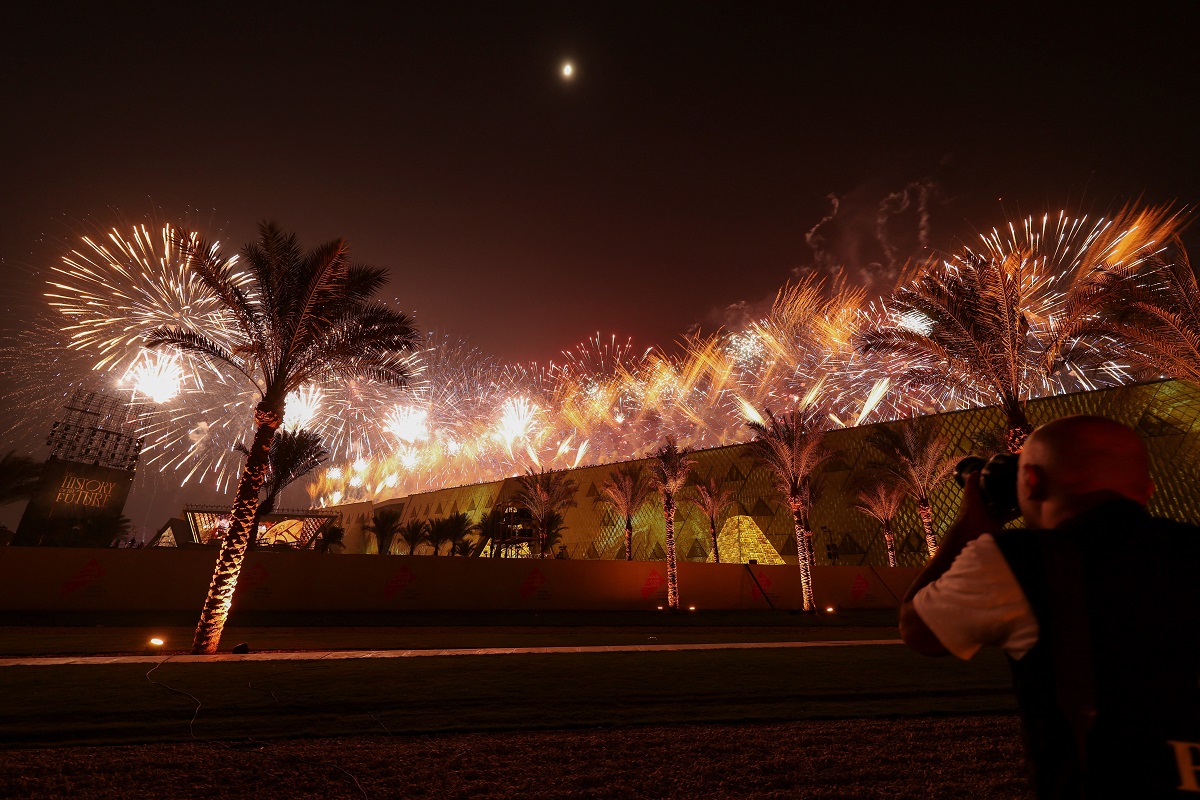 Fireworks illuminate the sky during the opening ceremony of the Grand Egyptian Museum (GEM), near the Giza pyramid complex, in Giza, Egypt, November 1, 2025. REUTERS/Mohamed Abd El Ghany