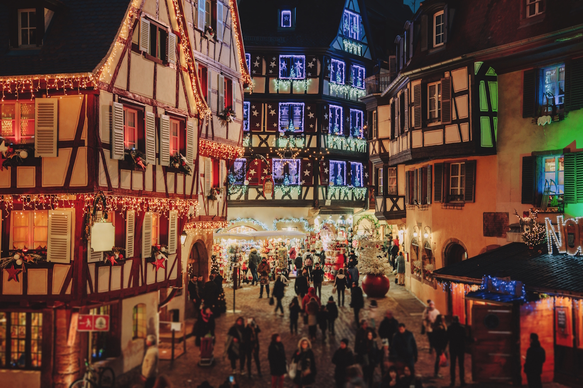 Old town illuminated and decorate like a fairy tale in Christmas festive season in Colmar, Alsace, France