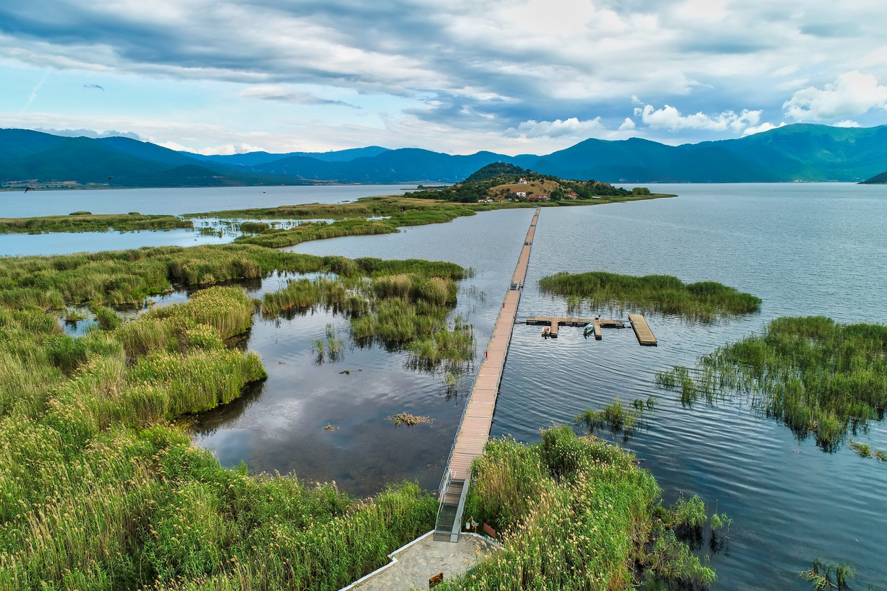 aerial view of island of Agios Achilios in lake Small Prespes, Northern Greece
