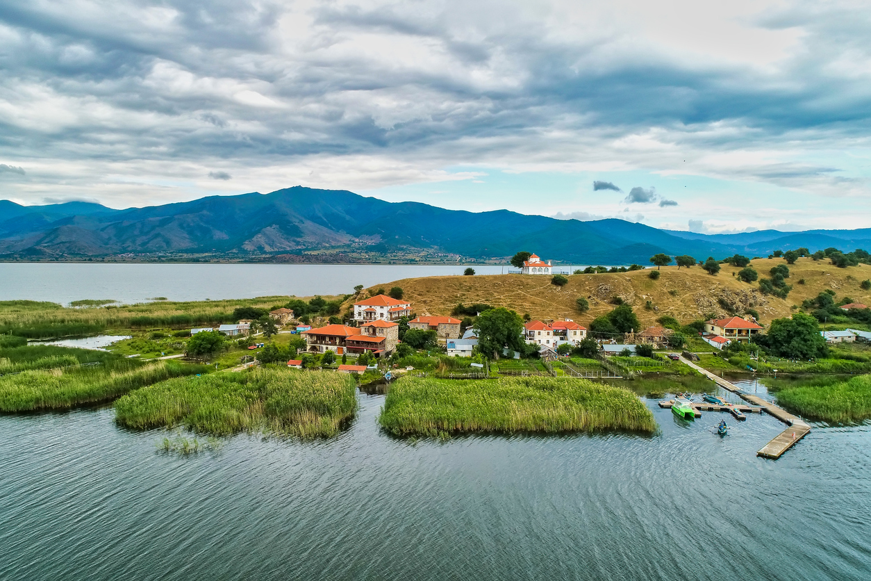 aerial view of island of Agios Achilios in lake Small Prespes, Northern Greece