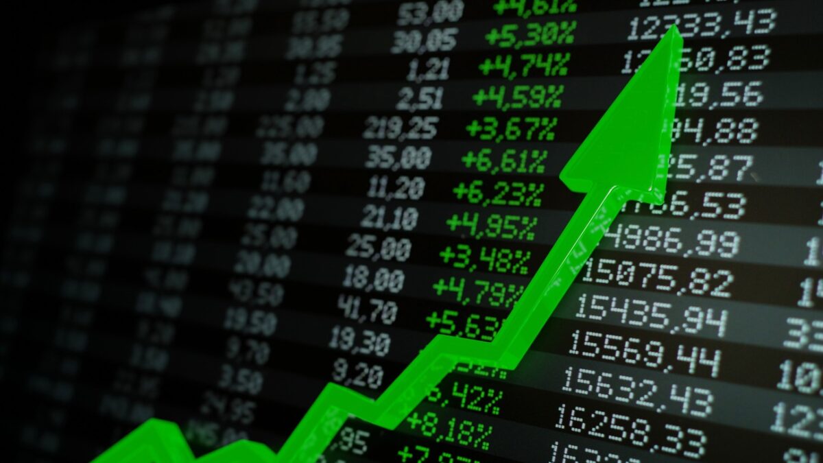 Stock market boom, financial gains, safe investment concept. Green arrow soaring over financial figures. Digital 3D render.