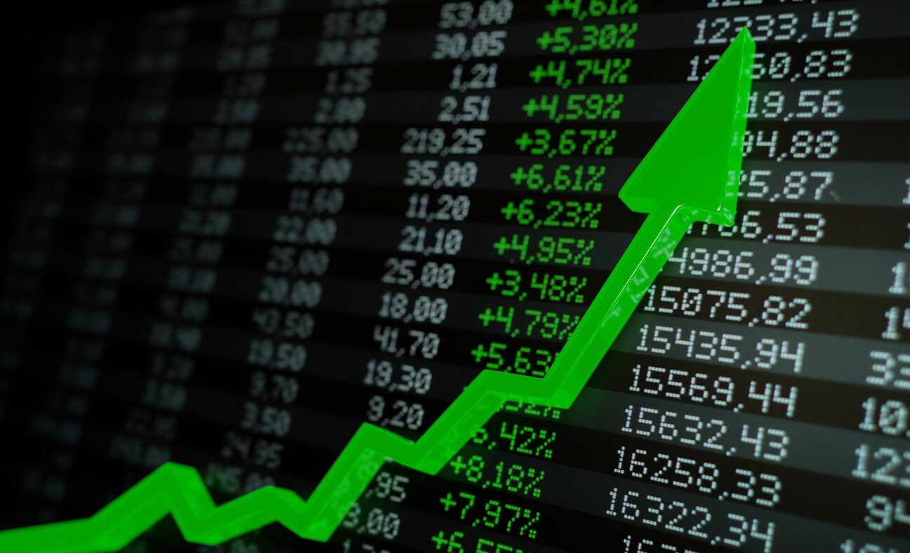 Stock market boom, financial gains, safe investment concept. Green arrow soaring over financial figures. Digital 3D render.