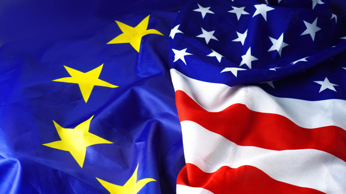 USA Flag vs Europe Flag. EU flag and American flag background.