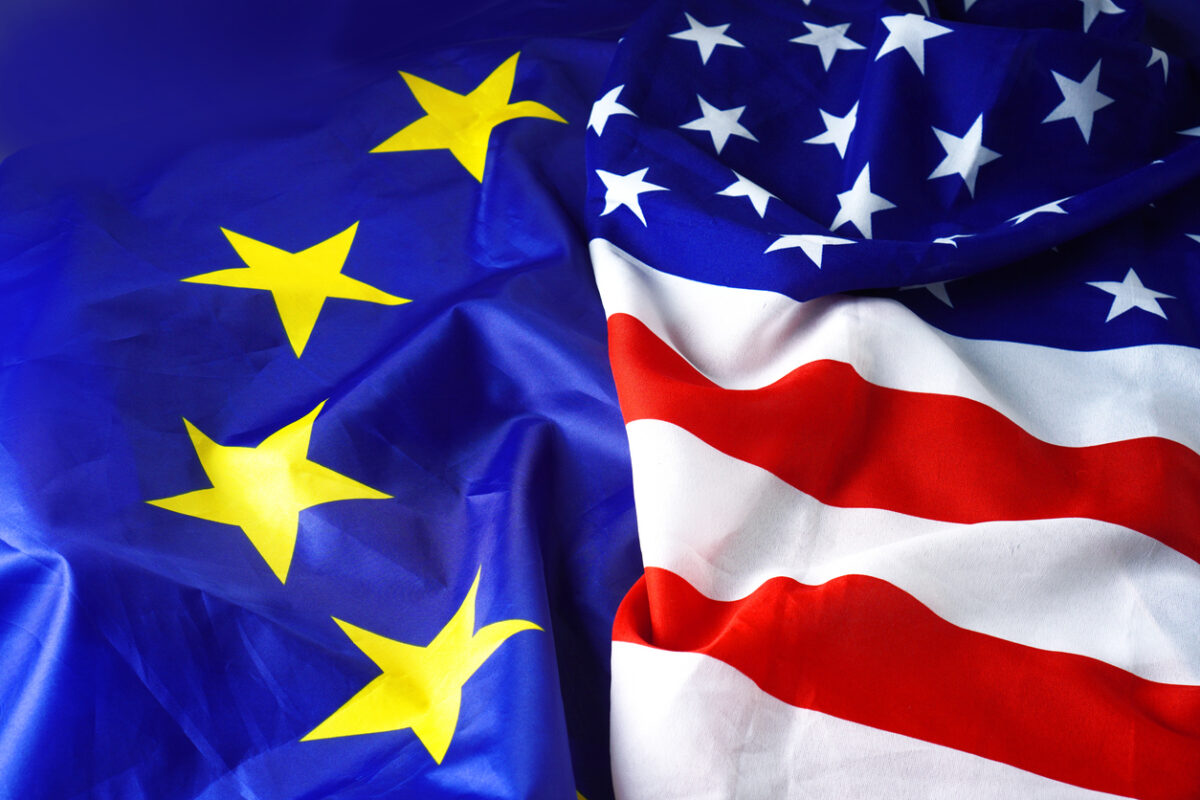 USA Flag vs Europe Flag. EU flag and American flag background.