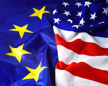 USA Flag vs Europe Flag. EU flag and American flag background.