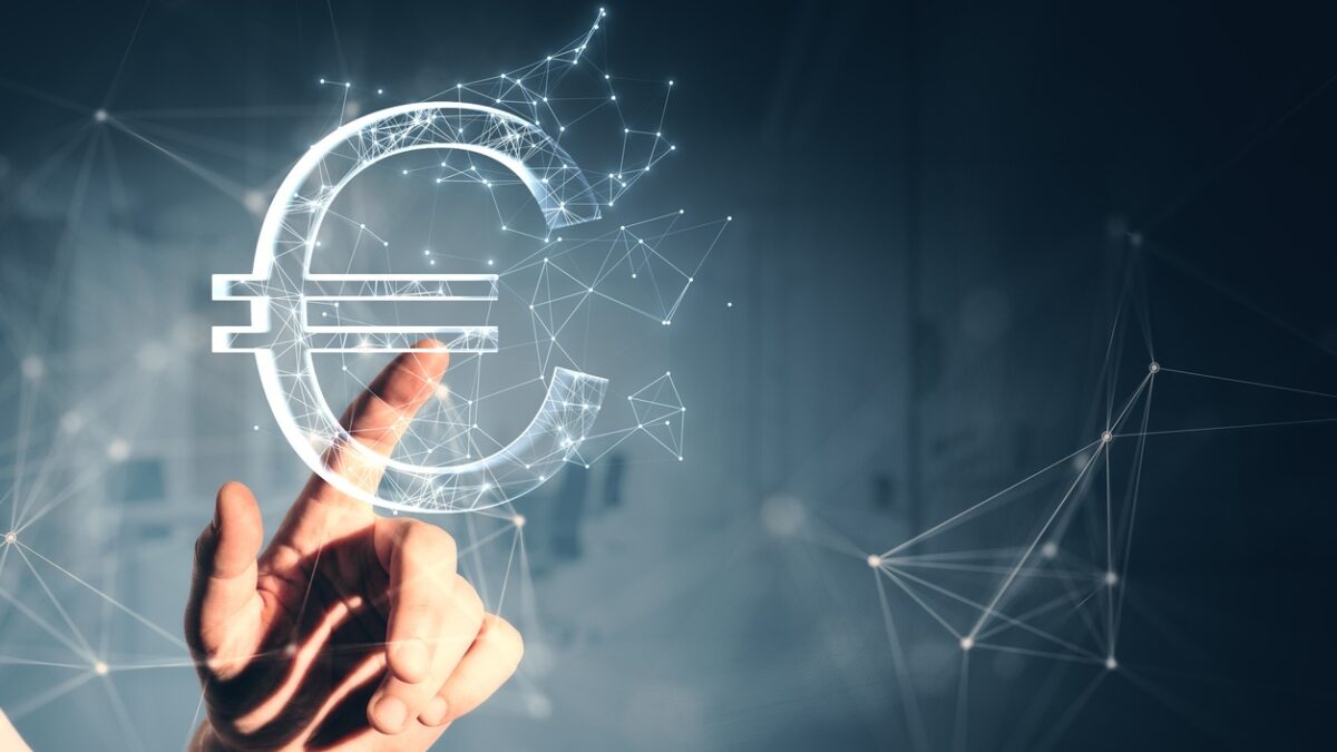 Close up of male hand pointing at creative polygonal euro sign on gray wall background. Online banking, money and trade concept