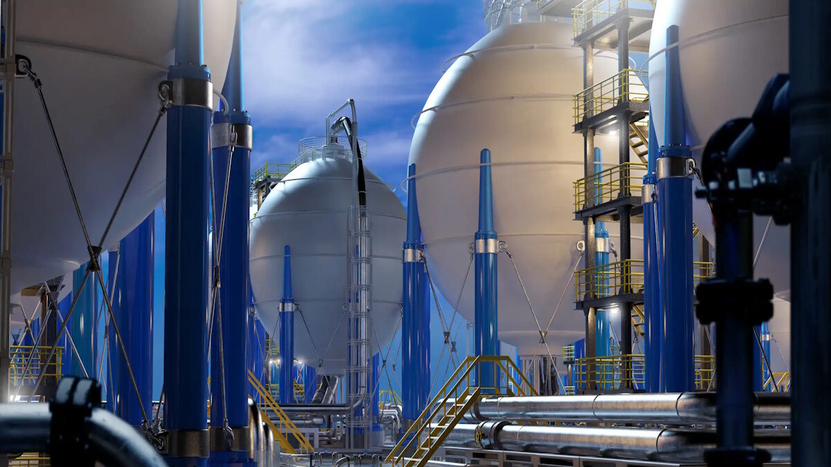 energy company equipment. Tanks for hydrogen storage. Production of clean energy from hydrogen. Tanks contain H2 to create electricity. Hydrogen power plant