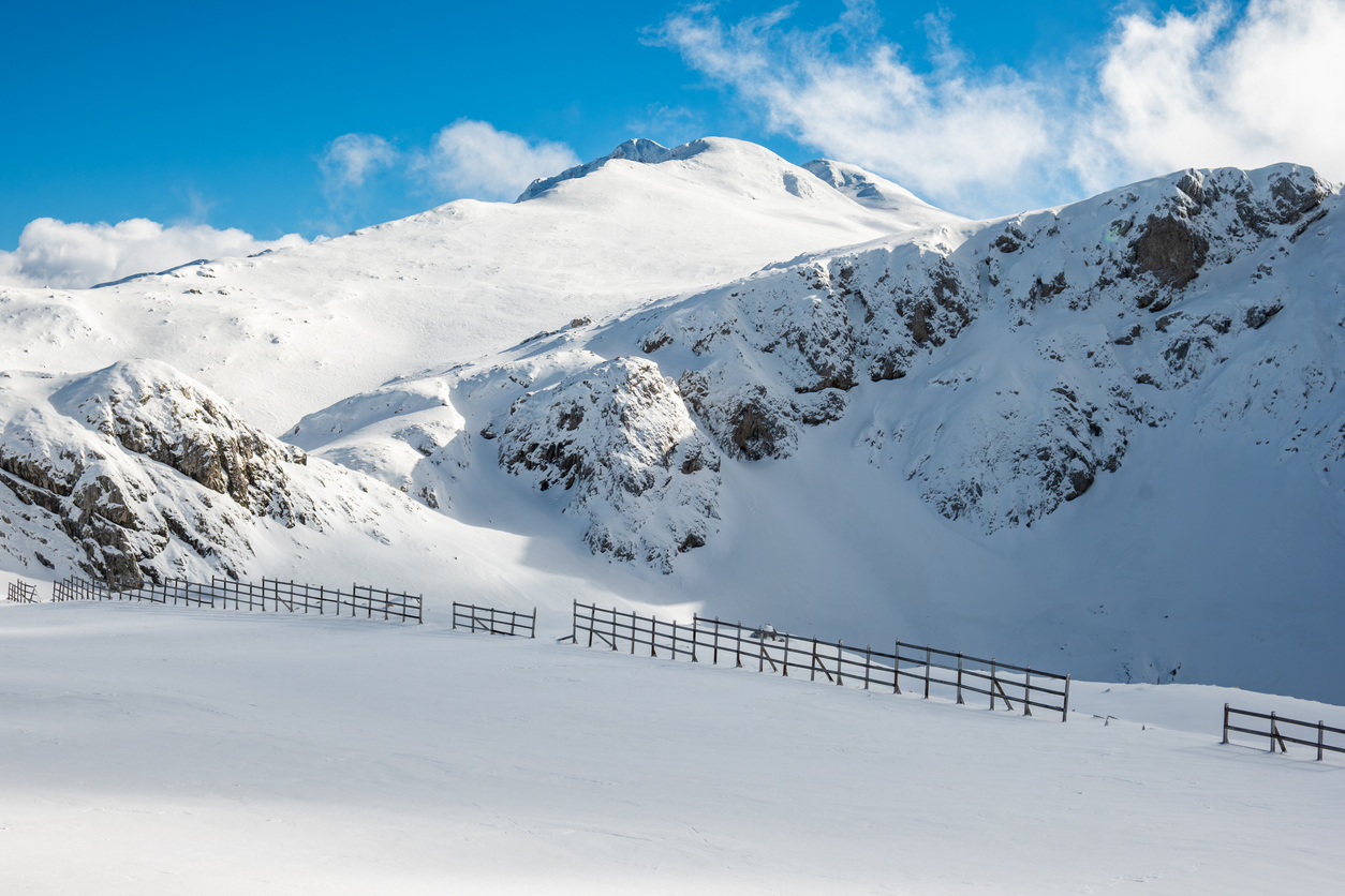 Snow covered Parnasos mountain in Central Greece. View from the ski center Kelaria.