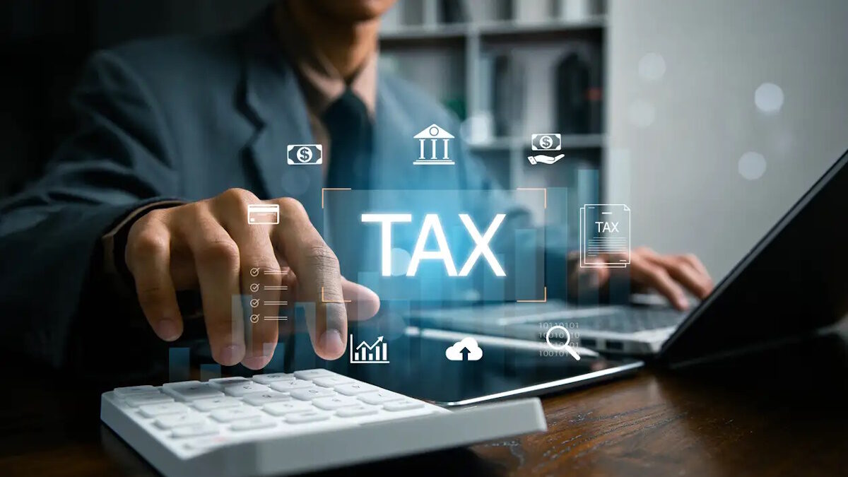 Digital Tax Calculation and Management Concept. E-tax, Income tax, government taxes, financial research, Taxation, tax documents, and savings, report VAT and property tax of business