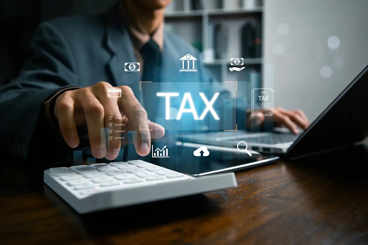Digital Tax Calculation and Management Concept. E-tax, Income tax, government taxes, financial research, Taxation, tax documents, and savings, report VAT and property tax of business