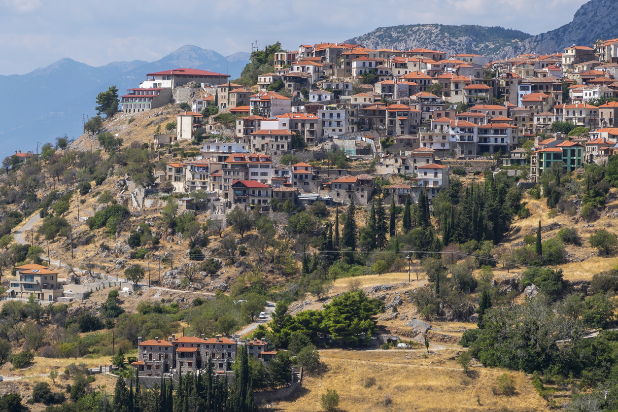 The village of Arachova, built on a hillside in Greece