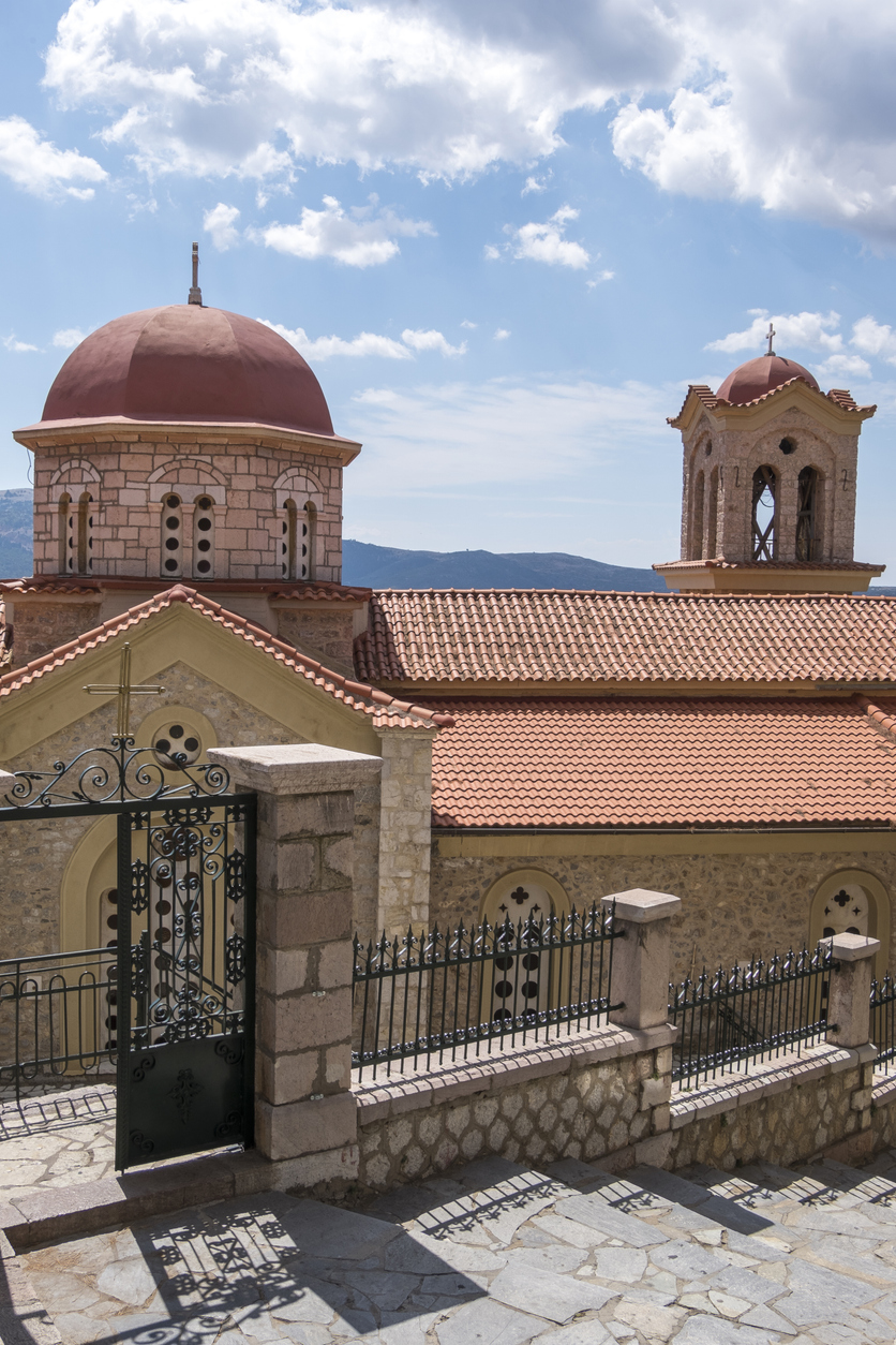 Boeotia, Greece - September 08, 2025: Historic Church of the Virgin Mary in Arachova