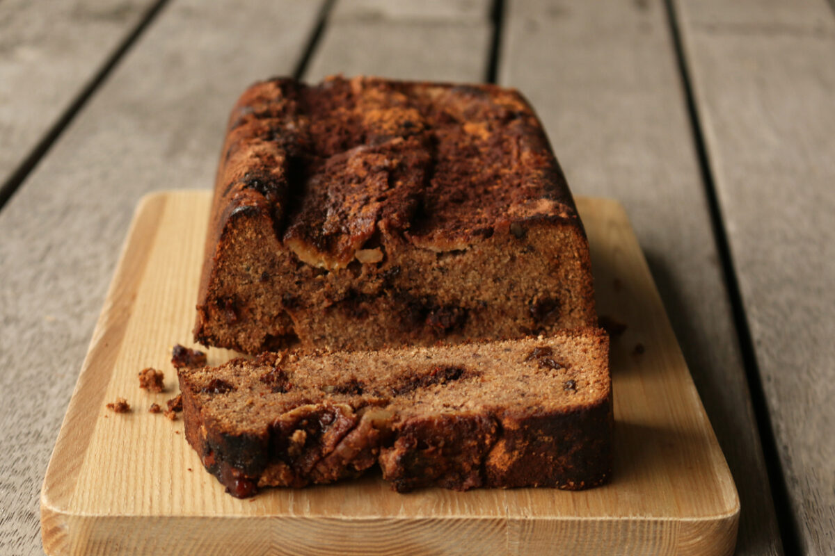 Homemade banana bread with raisins and walnuts