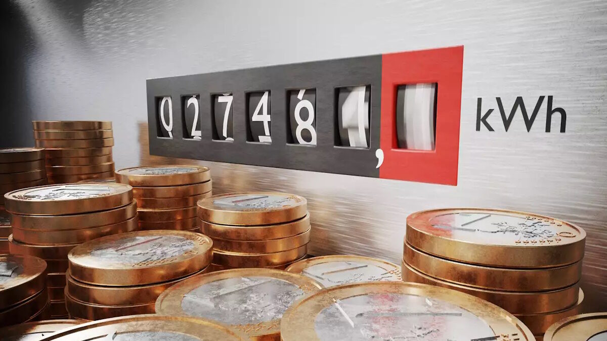 Electrometer is measuring power consumption. Coins in foreground. Expensive electricity concept. 3D rendered illustration.