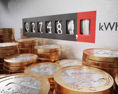 Electrometer is measuring power consumption. Coins in foreground. Expensive electricity concept. 3D rendered illustration.